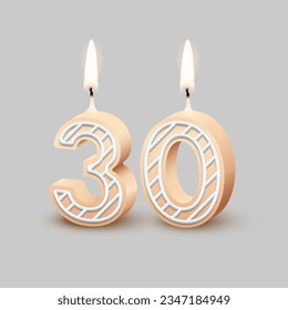 Birthday number thirty, candle with fire vector illustration. 3D beige number 30 with icing, candlelight for birthday or anniversary cake and happy party, invitation and greeting card design template.