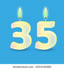 Birthday number thirty five, candle with fire. 3D number 35. Vector illustration. EPS 10.