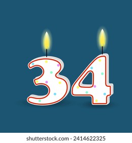 Birthday number thirty four, candle with fire. 3D number 34. Vector illustration. EPS 10.