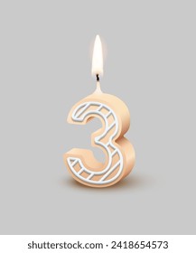 Birthday number three, candle with fire vector illustration. 3D beige number 3 with icing, candlelight for birthday or anniversary cake and happy party, invitation and greeting card design template.