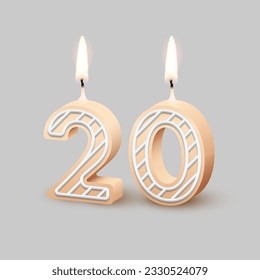 Birthday number twenty, candle with fire vector illustration. 3D beige number 20 with icing, candlelight for birthday or anniversary cake and happy party, invitation and greeting card design template.