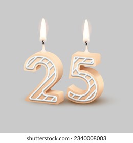 Birthday number twenty five, candle with fire vector illustration. 3D beige number 25 with icing, candlelight for birthday or anniversary cake and happy party, invitation and greeting card template.