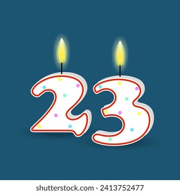 Birthday number twenty three, candle with fire. 3D number 23. Vector illustration. EPS 10.