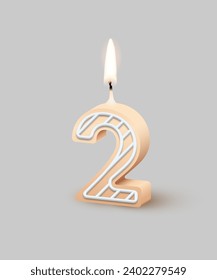 Birthday number two, candle with fire vector illustration. 3D beige number 2 with icing, candlelight for birthday or anniversary cake and happy party, invitation and greeting card design template.