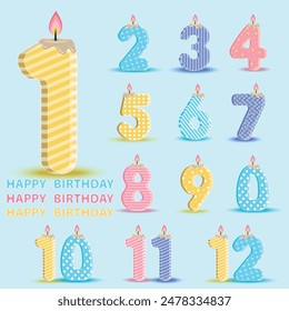 Números de cumpleaños 0-12, diseño de Vector lindo, velas