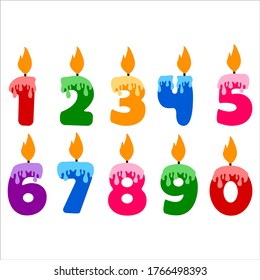 Birthday numbers 1, 2, 3, 4, 5, 6, 7, 8, 9, 0. Colored numerals - birthday cake burning candles with flame and dripping wax, vector illustration. Numeric isolated elements for card, invitation 