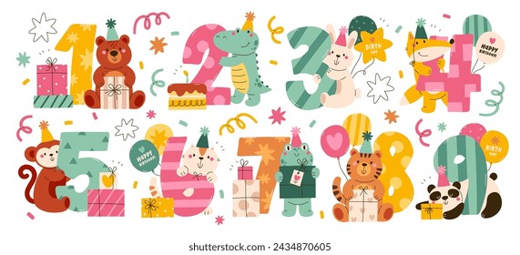 Birthday numbers and baby animals wearing festive caps holding gifts and balloons vector illustration. Greeting card, invitation sticker, party celebration postcard, candle print design element