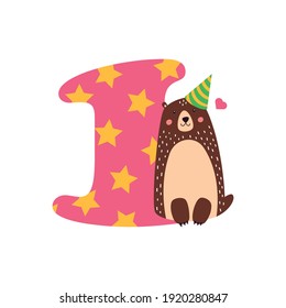 Birthday numbers with cute animals. Vector illustration isolated on white background.