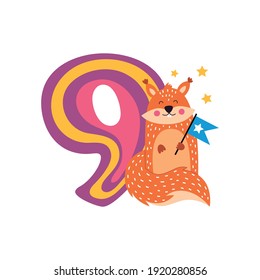 Birthday numbers with cute animals. Vector illustration isolated on white background.