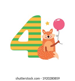 Birthday numbers with cute animals. Vector illustration isolated on white background.