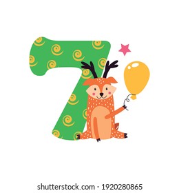 Birthday numbers with cute animals. Vector illustration isolated on white background.