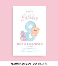 Números de cumpleaños con oso de peluche para la carta de invitación de cumpleaños.