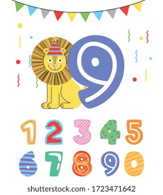 birthday numbers decoration with lion cartoon and pennants. vector illustration