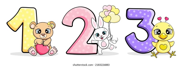 Birthday numbers with funny animals for invitation card