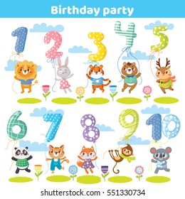 Birthday numbers with funny animals for invitation card