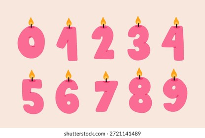 Números de aniversário definidos em estilo plano. Números simples de 0 a 9. Decorações de aniversário de rabiscos festivos para convite da festa de aniversário, cartão de saudação. Ilustrações vetoriais
