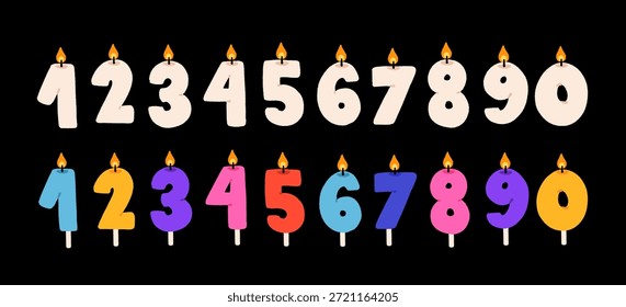 Números de aniversário definidos em estilo plano. Números simples de 0 a 9. Decorações de aniversário de rabiscos festivos para convite da festa de aniversário, cartão de saudação. Ilustrações vetoriais