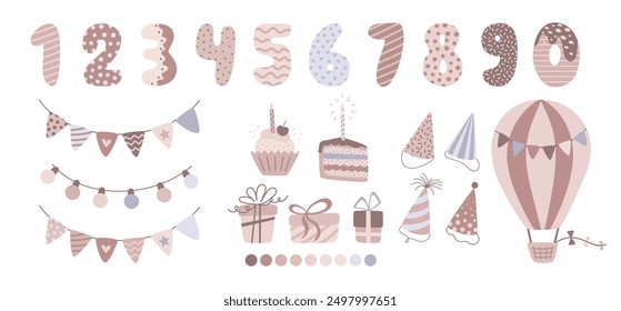 Birthday numbers set in trendy style. Festive birthday elements collection in cartoon design for party, print and textile. Garland,flag, aerostat, cake, cupcake, gift. Vector illustration.
