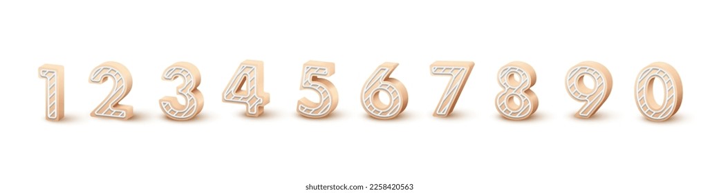 Birthday numbers set vector illustration. 3D beige numbers design template collection, figures with snow icing or cream texture decoration for cute invitation, greeting card of happy day of birth