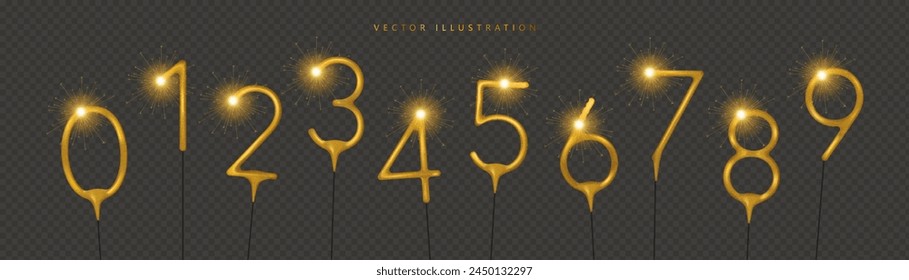 Birthday numbers Sparkler candle isolated on transparent background. Bengal fire Realistic vector illustration