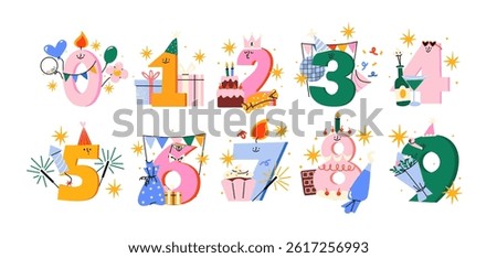 Birthday numbers sticker set in retro cartoon style with fun font. Numbers 1 to 9 with balloons, gifts, cakes, candles, party elements - festive birthday decorations in trendy retro doodle style