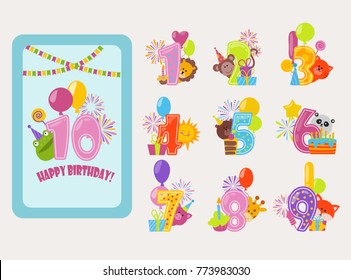 Birthday numbers vector cartoon anniversary birth balloon numbered icons birthdate party invitation card numeral 1, 2, 3, 4 and 5 year numbering template figure isolated badges illustration