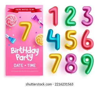 Birthday numbers vector set design. Birthday invitation kit with editable age number balloons isolated in white background for party collection. Vector illustration.
