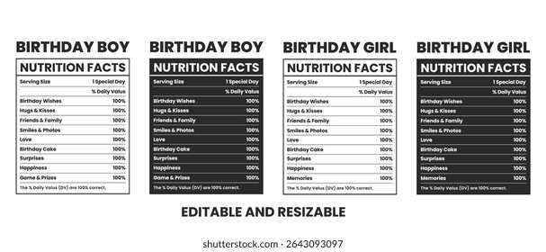 Birthday nutrition facts, Birthday boy and girl nutrition facts label template