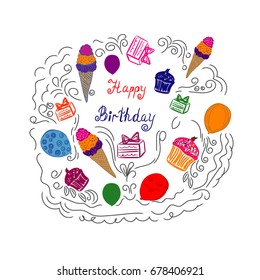 Birthday objects, sketch, vector illustration