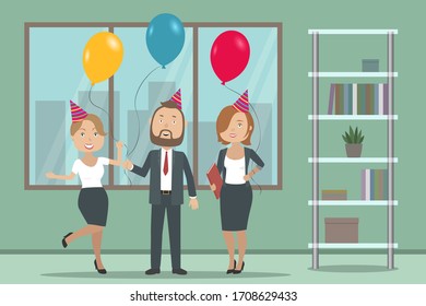 Birthday in office. Colleagues with helium balloons. Vector illustration.