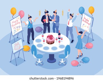 Birthday office congratulation concept with celebration at work symbols isometric vector illustration