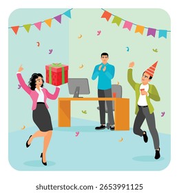 Birthday office party with colleagues celebrating, exchanging gifts, colorful confetti and joyful interactions between coworkers. Team events concept.