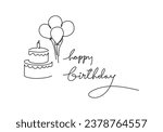 Birthday one line drawing. Ballons and cake. Anniversary celevration card banner. Vector illustration isolated on white background. Minimalist design handdrawn.