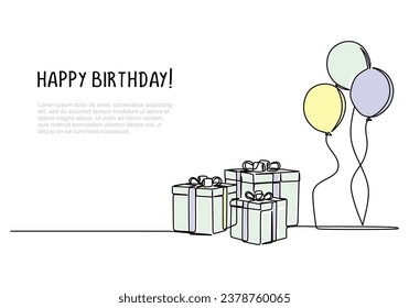 Birthday one line drawing. Ballons and gift boxes. Vector illustration isolated on white background. Minimalist design handdrawn.