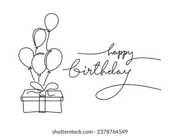 Birthday one line drawing. Ballons and gift boxes. Vector illustration isolated on white background. Minimalist design handdrawn.