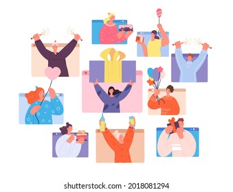 Birthday online party. Social event, woman on fun virtual festival in web. Guy celebration, fun teens celebrate holiday together utter vector concept