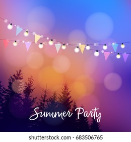 Birthday outdoor summer party or Brazilian june party, Festa junina, invitation. Vector illustration with string of lights, party flags, silhouettes of trees and sunset background.