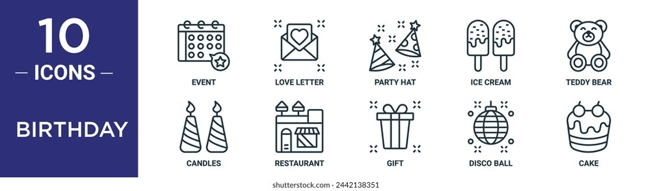 birthday outline icon set includes thin line event, love letter, party hat, ice cream, teddy bear, candles, restaurant icons for report, presentation, diagram, web design