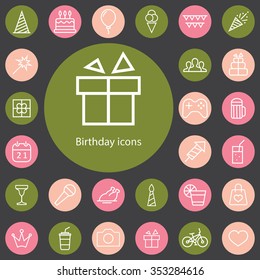 birthday outline, thin, flat, digital icon set for web and mobile