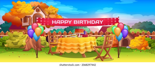 Birthday outside party decoration on backyard. Festive table with cake, candles, balloons bunches. Children celebration on lawn front of wooden fence. Vector cartoon illustration of autumn garden.