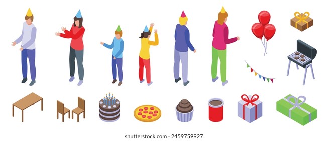 Birthday outside party icons set isometric vector. Cake food. Summer cooking