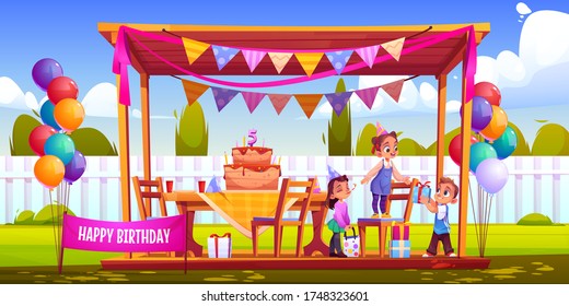 Birthday Outside Party On Backyard. Kids Celebrate Anniversary, Give Gifts. Vector Cartoon Illustration Of Garden With Happy Children, Holiday Decorations, Cake With Candles, Balloons And Garland