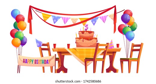 Birthday outside party set isolated on white background. Vector cartoon furniture and decoration, holiday banner, flags garland, cupcake with candles and bunch of balloons. Celebration anniversary