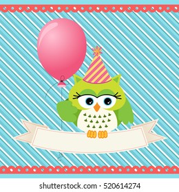 Birthday owl with balloon and banner background
