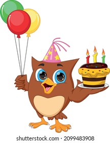 birthday owl holding balloon and tart cartoon