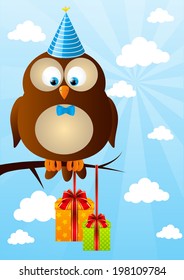 Birthday owl on sky background