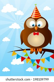 Birthday owl on sky background