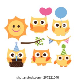 Birthday owls. Cute vector.