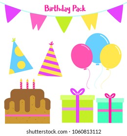 Birthday pack containing two hats, three balloons, two gifts, a cake and a banner.