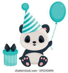 Birthday panda with gift box and balloon. Panda in blue